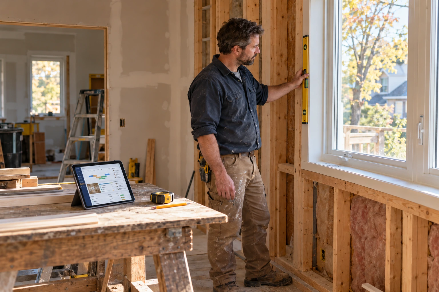 A renovation contractor checks a window frame with a spirit level, with a tablet nearby showing a job schedule, project details and business administration
