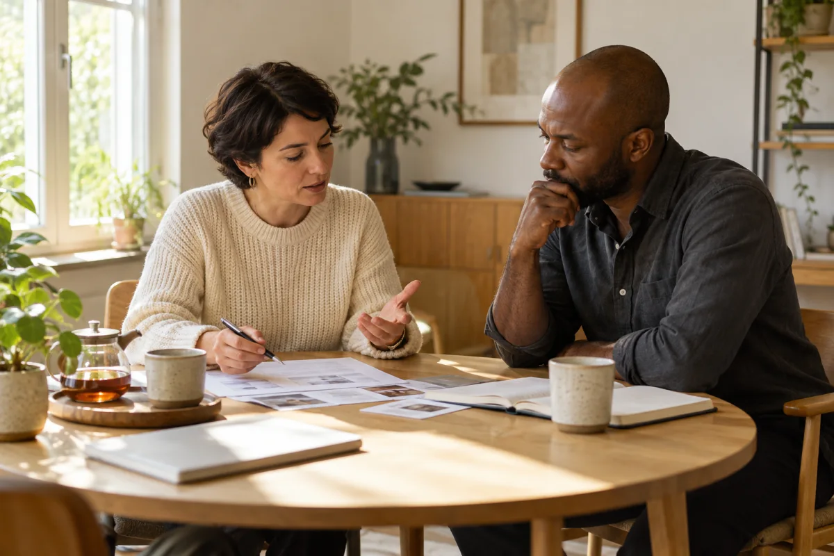 A professional and her client talk through documents at a sunlit wooden table
