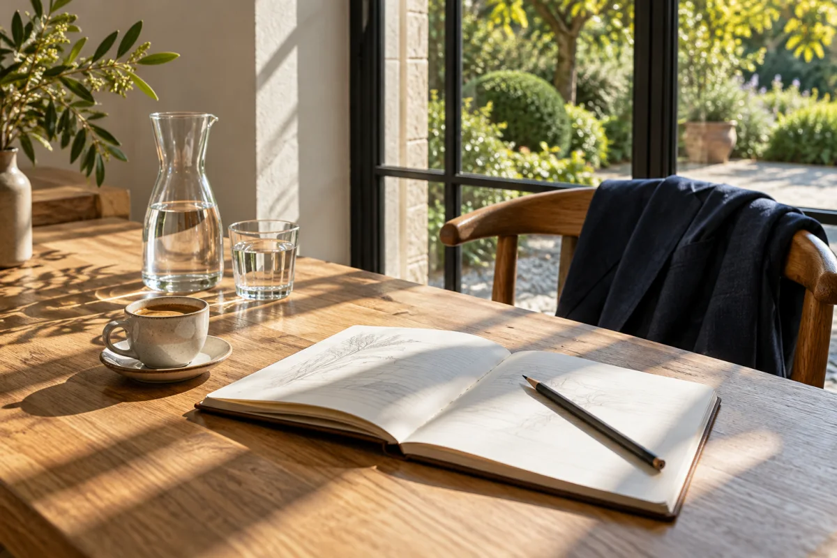 An open notebook and coffee on a quiet desk beside a garden window