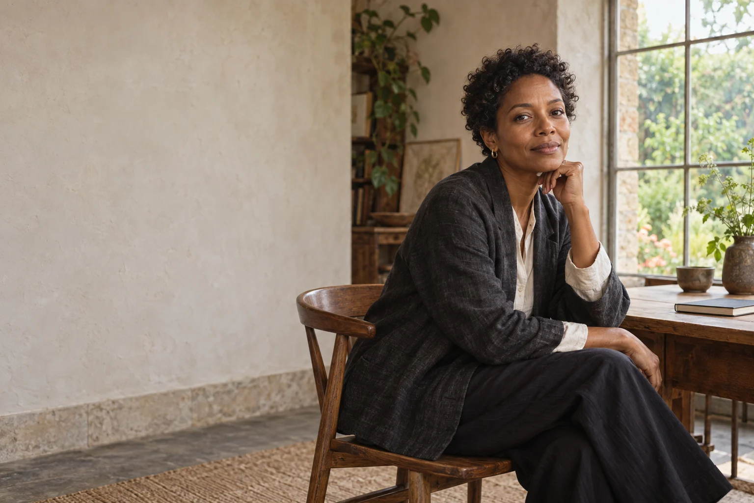 An independent adviser seated beside the window of her warm, light-filled practice