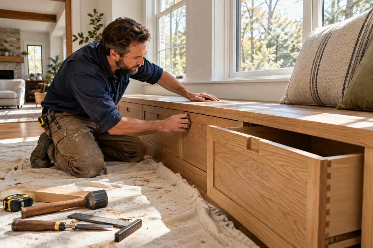 A carpenter fitting a custom oak window seat during a house renovation