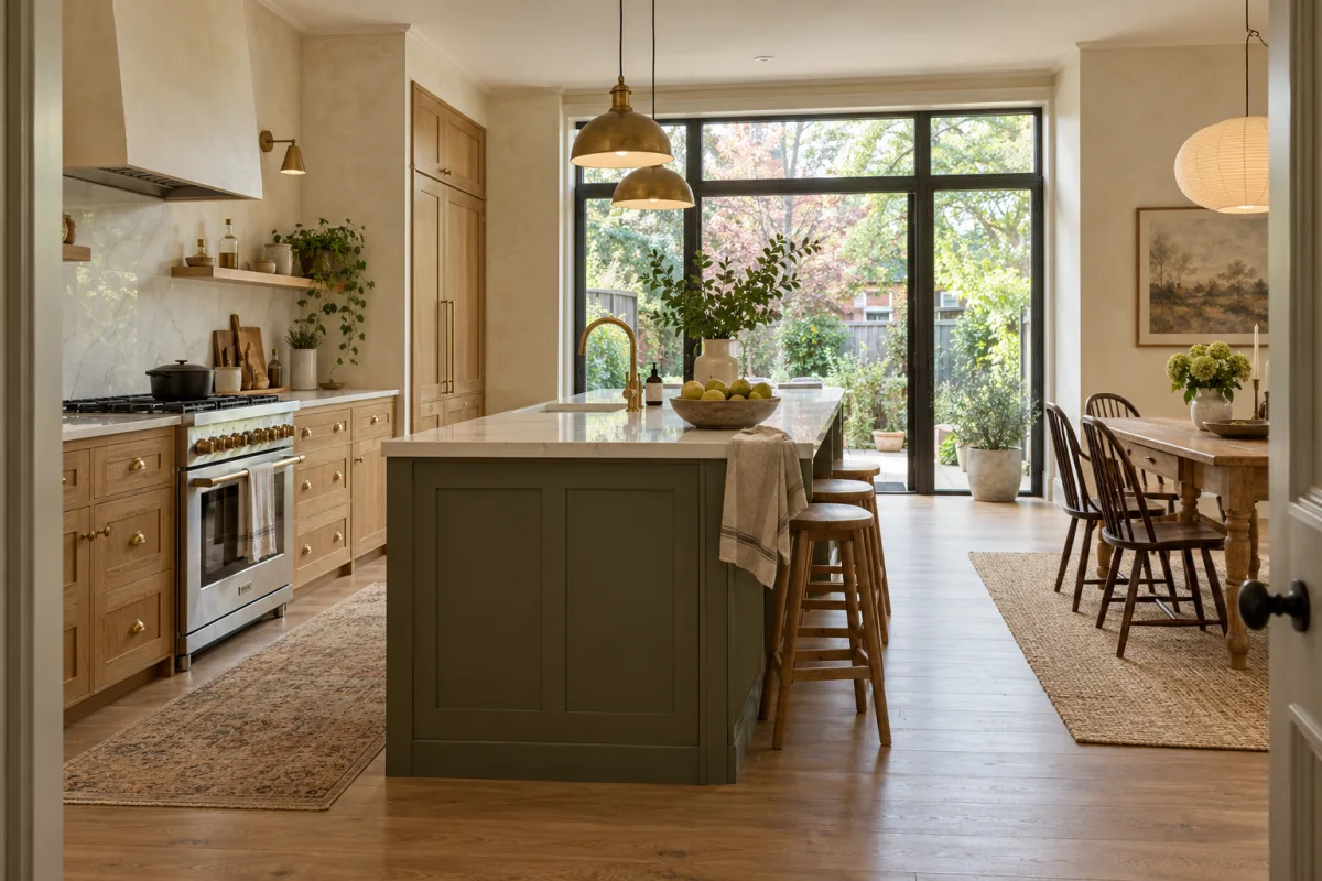 A renovated oak and olive kitchen opening onto a sunlit garden