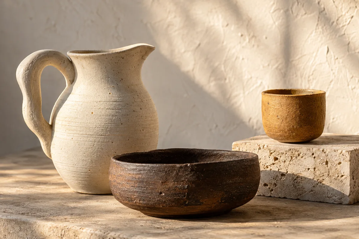 Handmade ivory, ochre and dark clay vessels on a travertine plinth
