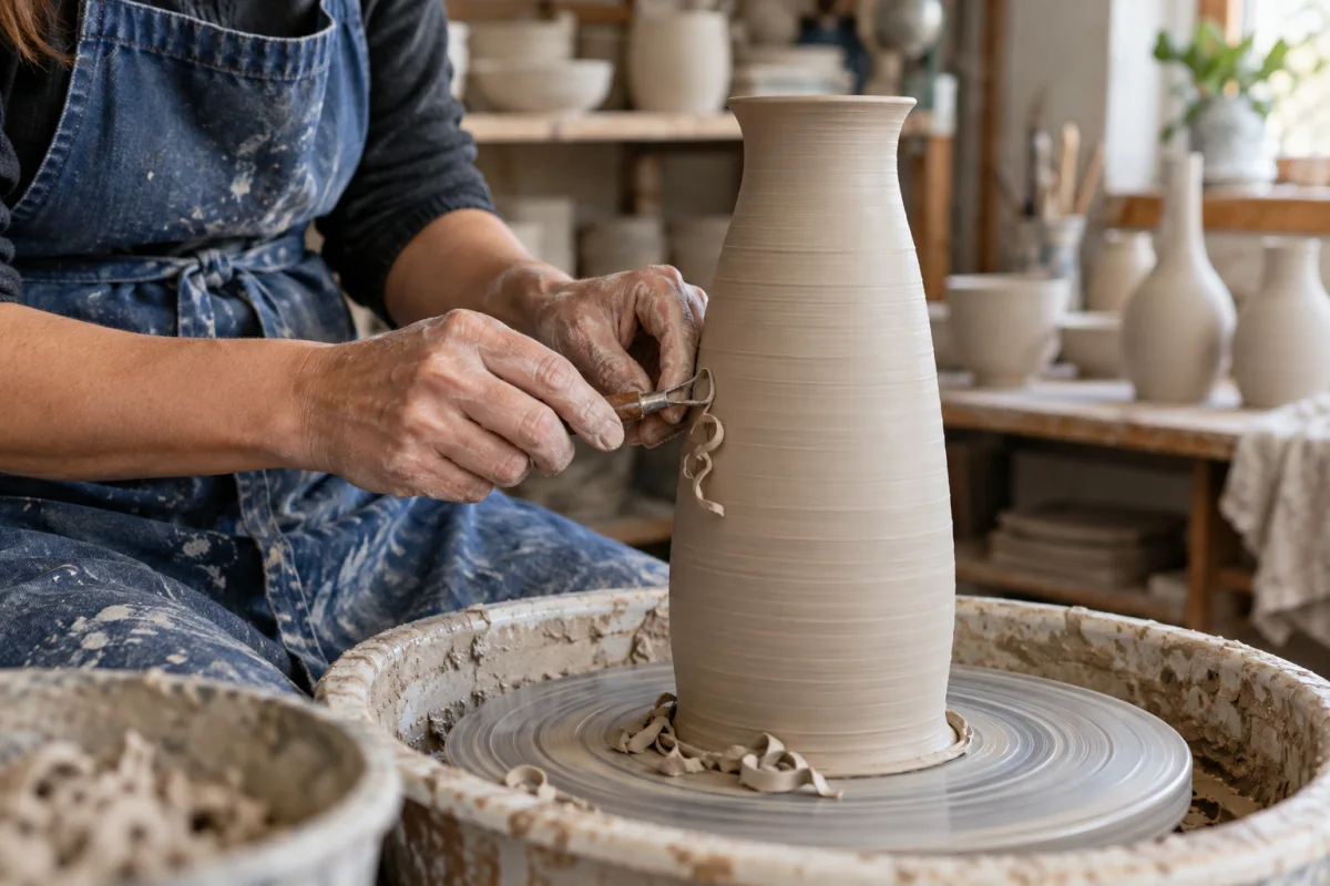 A ceramicist carefully trimming a vase at the pottery wheel