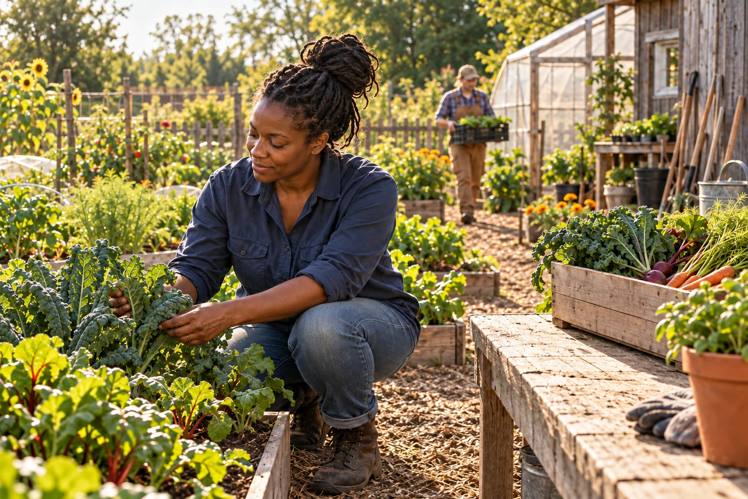 A Black woman tends greens in a small market garden, with another farmer carrying seedlings behind her and freshly harvested vegetables on a wooden bench
