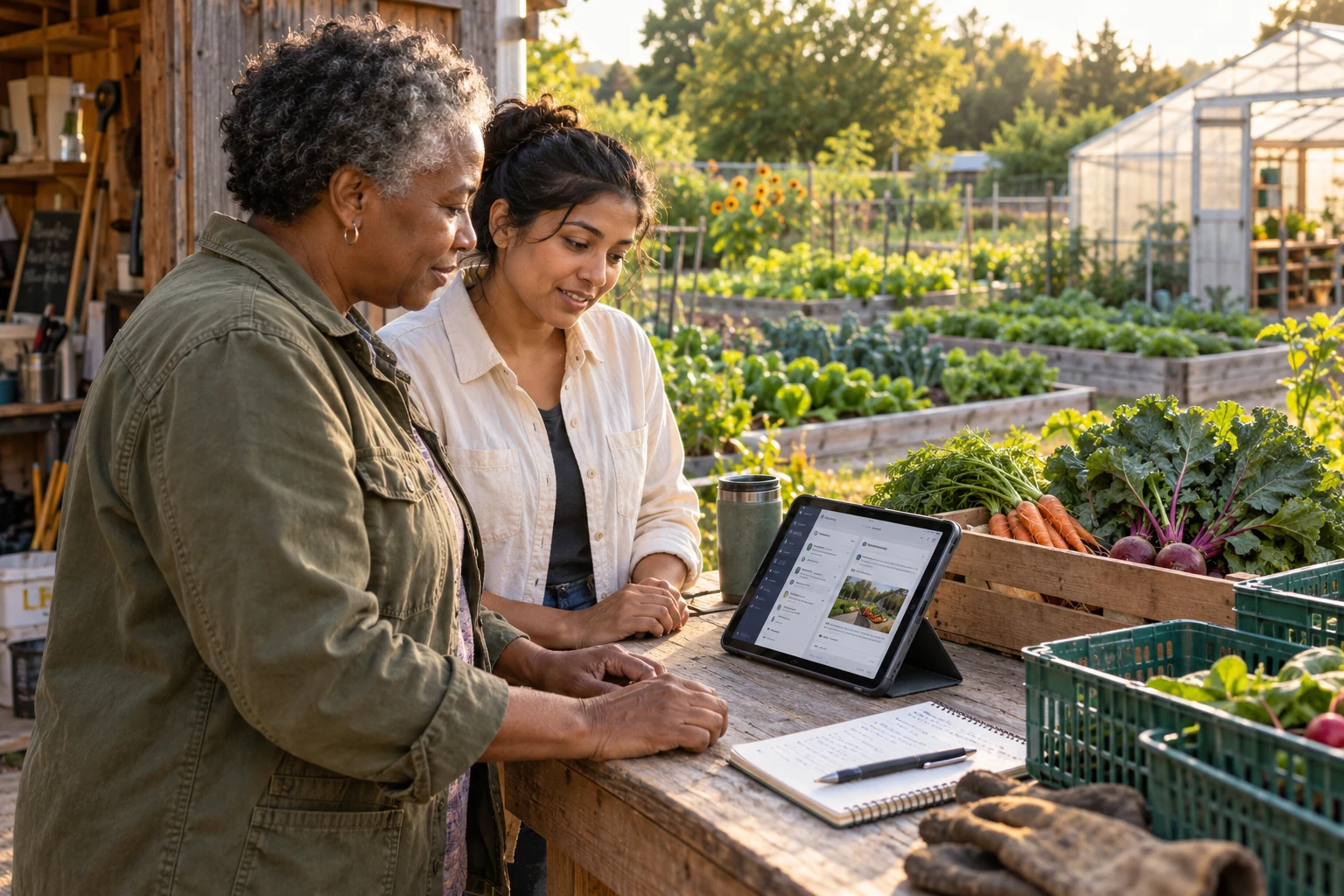 A market gardener and instructor learning to prepare a customer update with AI at an outdoor potting bench