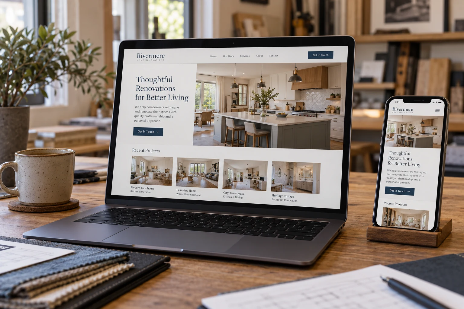 A renovation business website shown on a laptop and phone at a warm wooden worktable