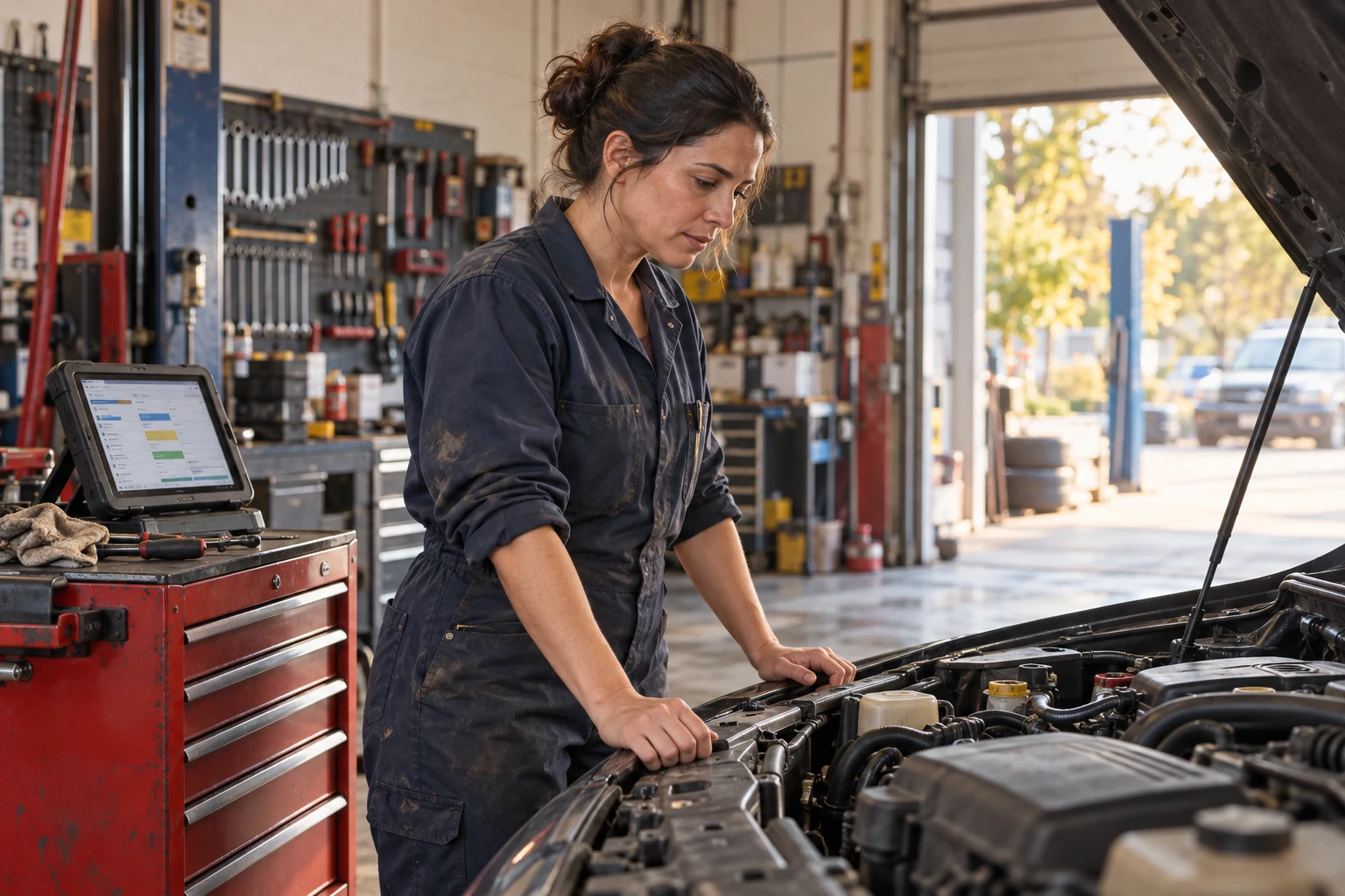 An independent mechanic at work in her garage, with a job schedule on a tablet beside her tool cabinet