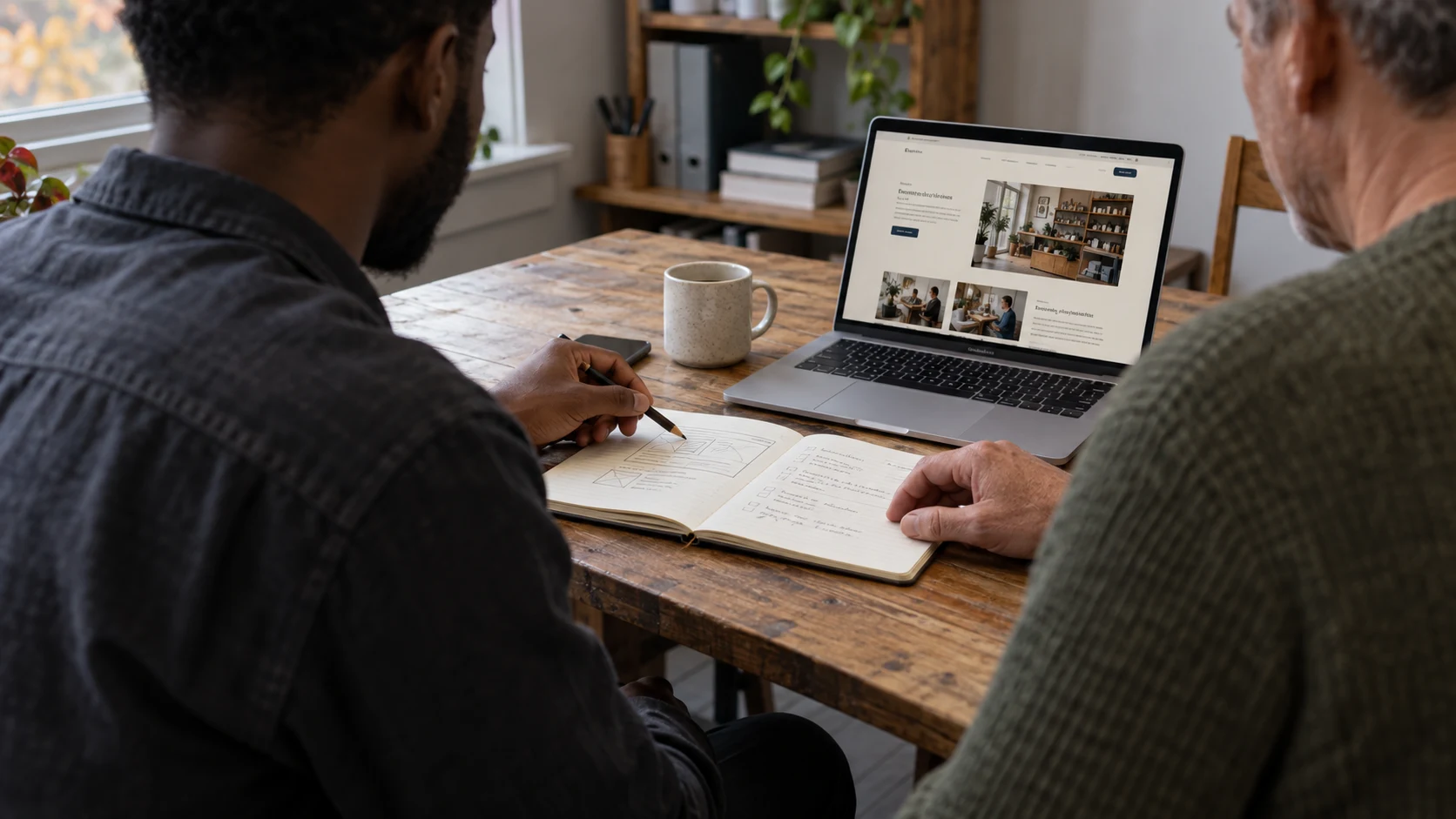 Two people reviewing a website plan together at a wooden table, with a laptop and an open notebook