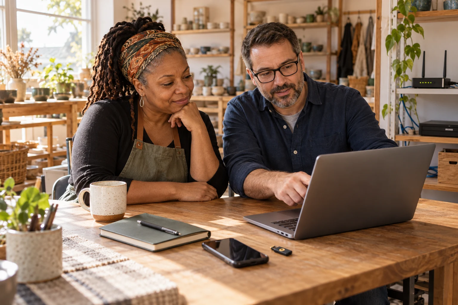 A small business owner and an IT adviser reviewing a laptop together in a sunlit workshop, with a physical security key on the desk