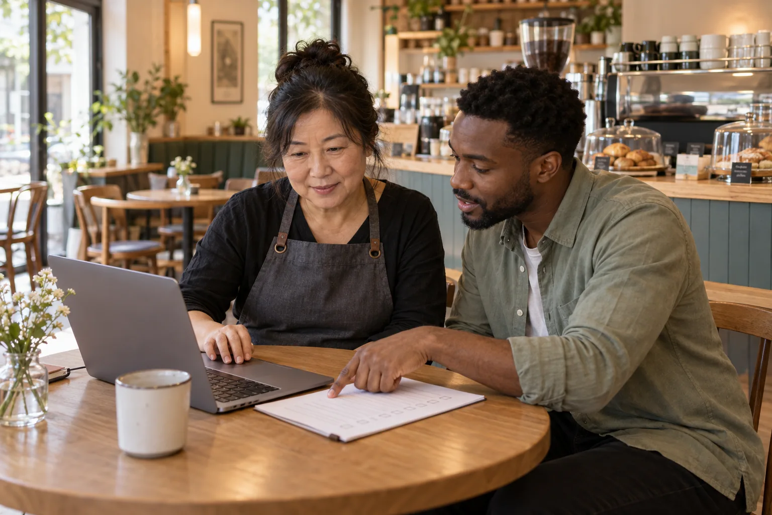 A café owner and instructor practise a planning task together using a laptop and a paper checklist.