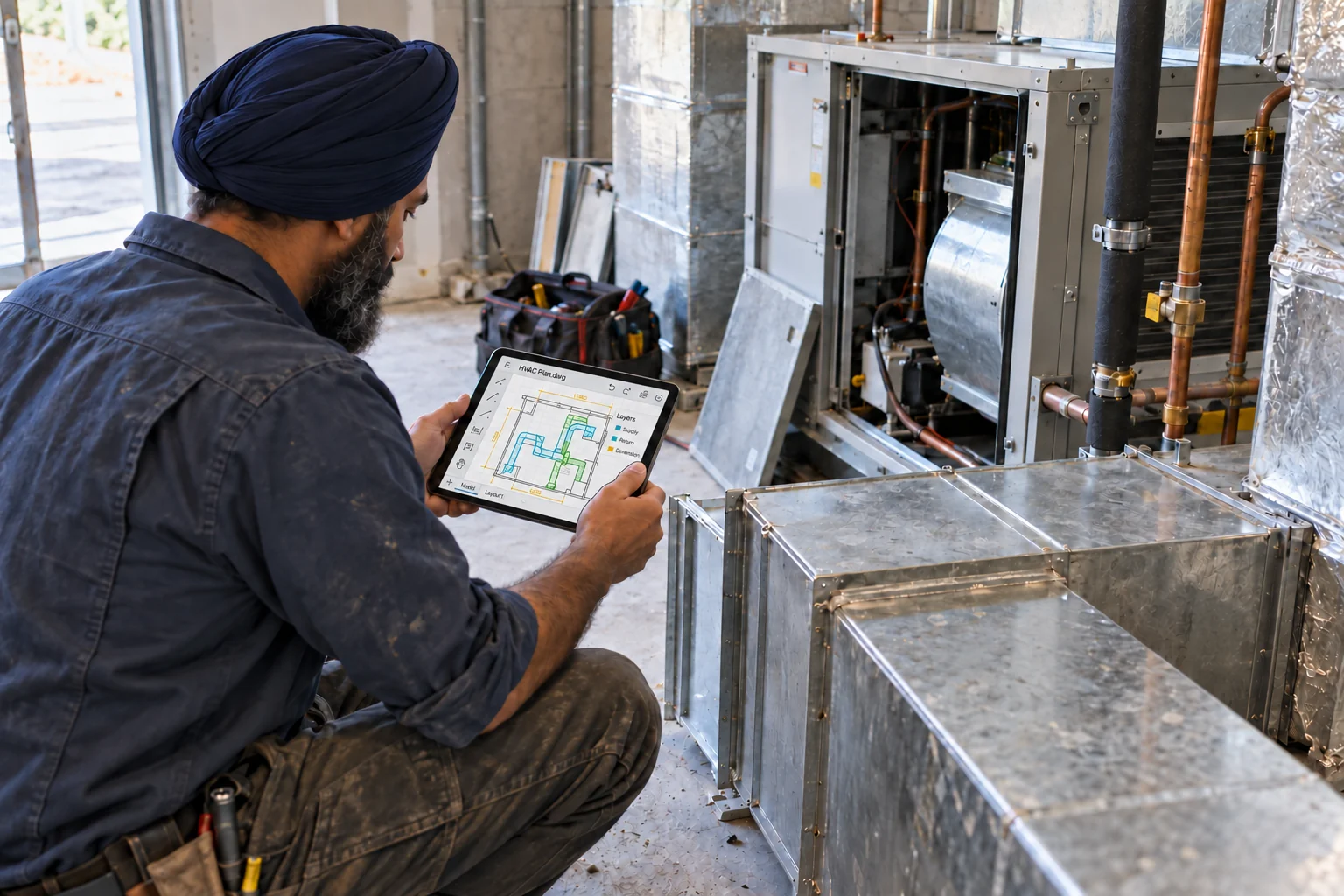 An HVAC technician wearing a navy turban reviews a ventilation plan in a light CAD interface on a tablet, beside an air handling installation.