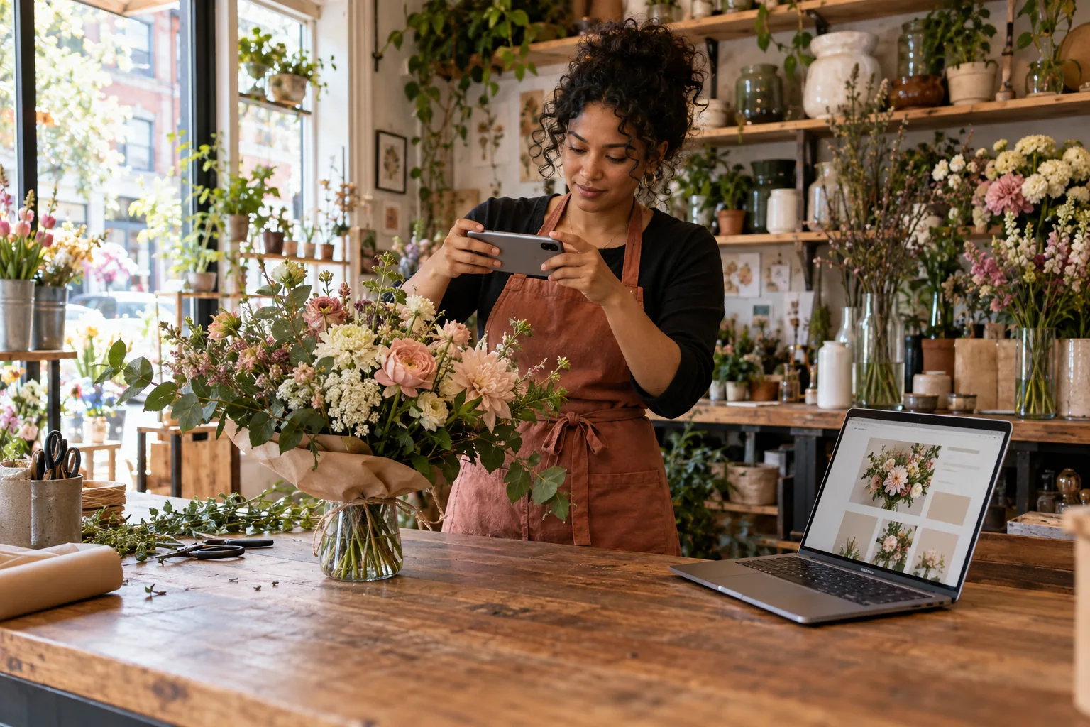 A florist photographs a bouquet for her online shop, with a laptop showing her flower shop website beside her.