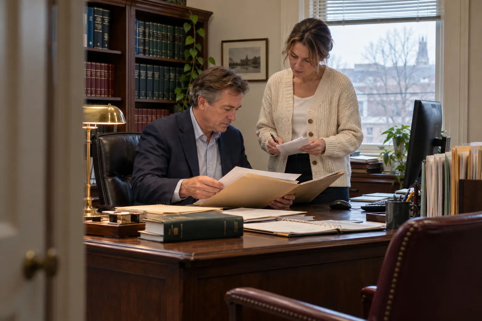 A lawyer and paralegal coordinate client files at a wooden desk in a traditional private practice law office.